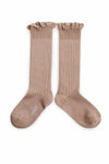 Collegien Ribbed Lace Trim Knee High Socks / Petite Taupe