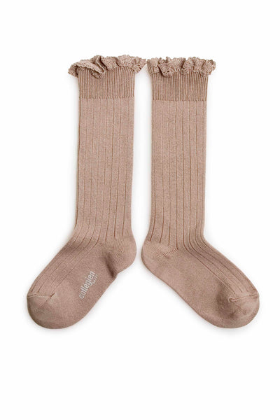 Collegien Ribbed Lace Trim Knee High Socks / Petite Taupe